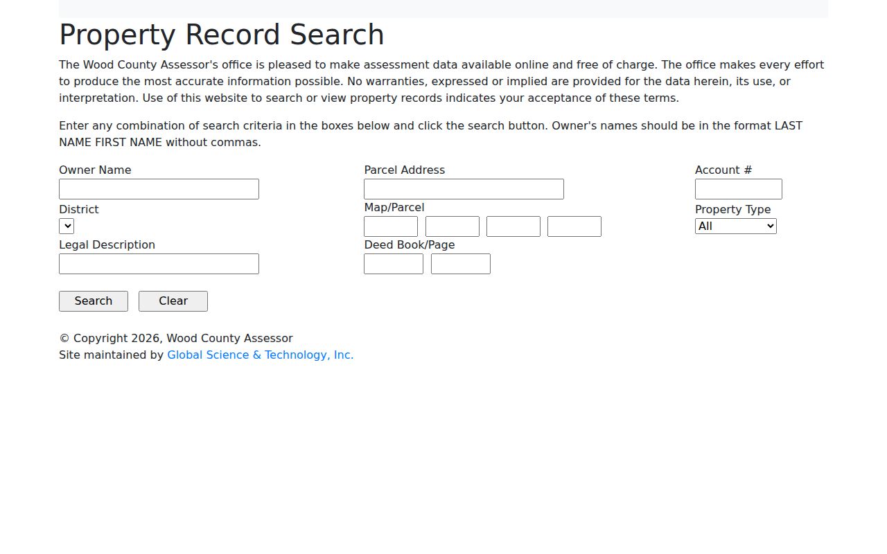 Wood County CAMA property search fields for Vienna records